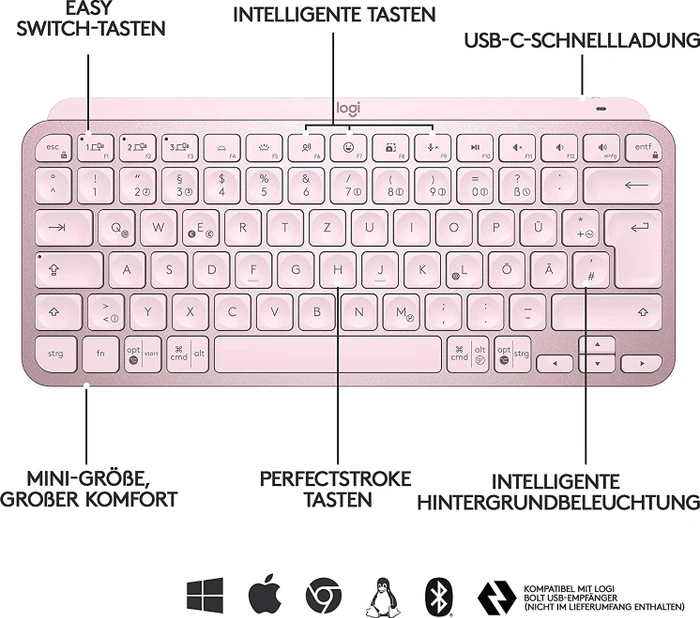 Logitech MX Keys Mini, rosa, LEDs weiß, Logi Bolt, Rose, USB/Bluetooth, DE