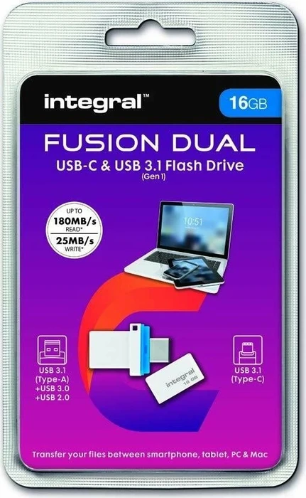 Integral Fusion Dual 16GB, USB-A + USB-C, USB 3.2 Gen 1×1