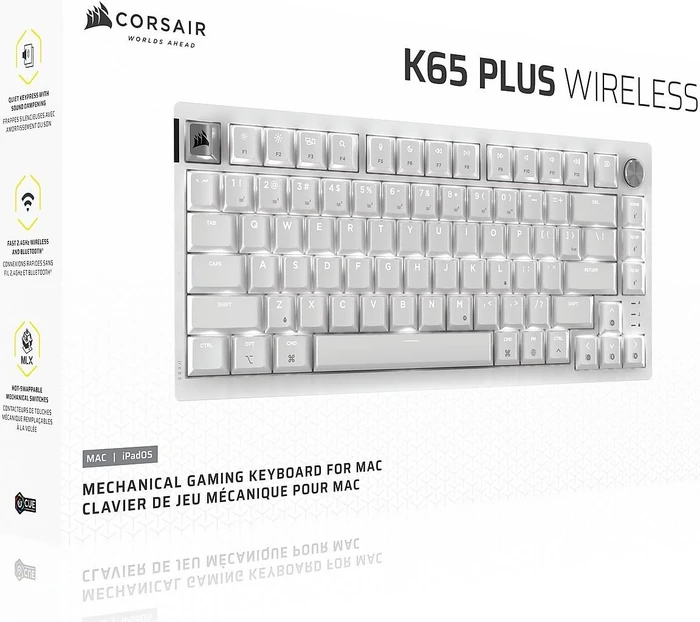 Corsair Gaming K65 Plus Wireless 75% RGB, Frost White, für Mac, MLX RED, USB/Bluetooth, DE
