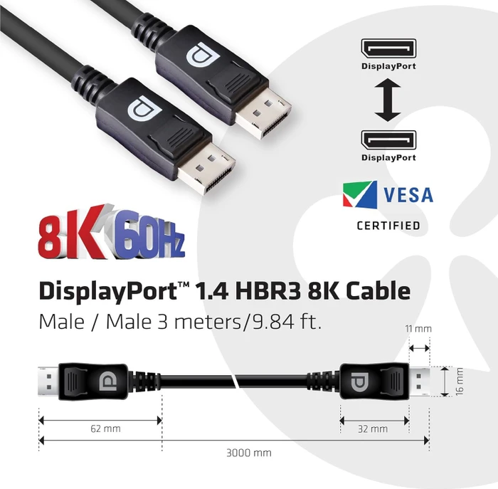 Club 3D DisplayPort 1.4 Kabel 8K60Hz DSC1.2 HBR3 HDR schwarz, 3m