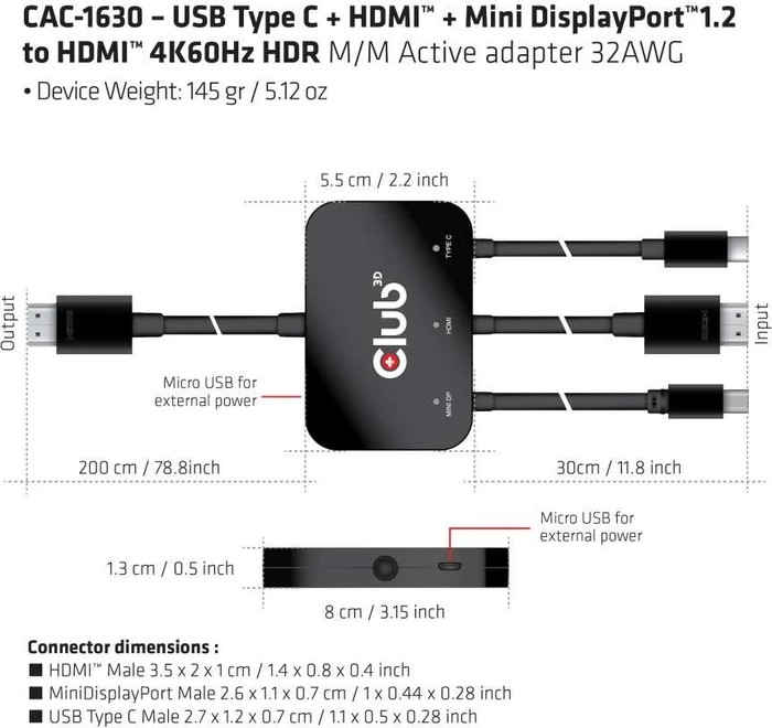 Club 3D aktiver USB-C/HDMI/Mini DisplayPort auf HDMI 2.0 Adapter