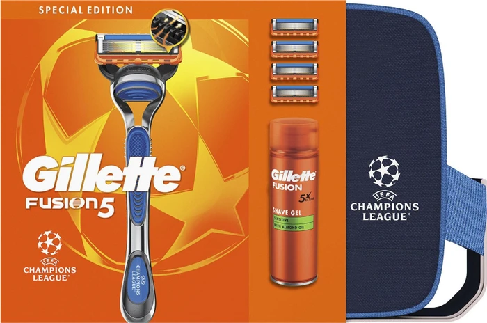 Gillette Fusion5 UEFA Champions League Edition Rasierer + 4 Wechselklingen + Tasche + Rasiergel
