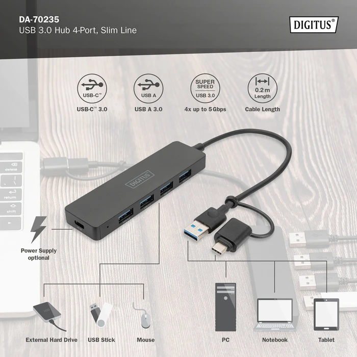 Digitus 4-Port Slim Line Hub, 4x USB-A 3.0, USB-A/USB-C 3.0 [Stecker]