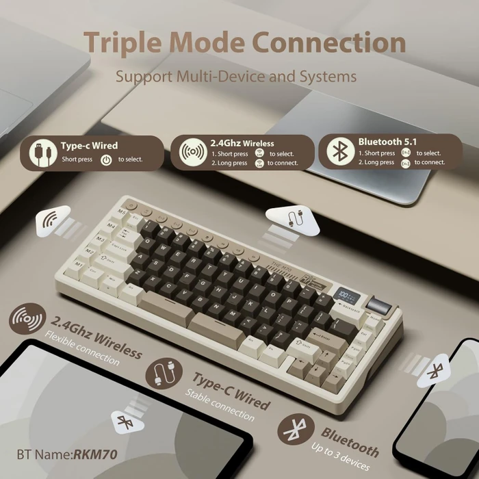 RK Royal Kludge M70 Wireless, Mocha Grey, beige/grau, LEDs RGB, hot-swap, RK Linear Cream, USB/Bluetooth, US