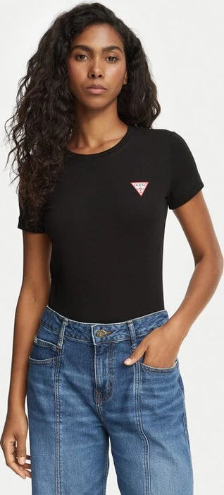 Guess Stretch Logo-Dreieck T-Shirt kurzarm schwarz (Damen)