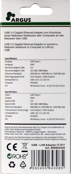Inter-Tech Argus IT-811 LAN-Adapter, RJ-45, USB-C 3.0 [Stecker]