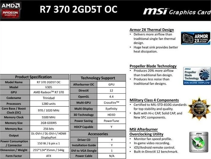 MSI Radeon R7 370, R7 370 2GD5T OC, 2GB GDDR5, 2x DVI, HDMI, DP