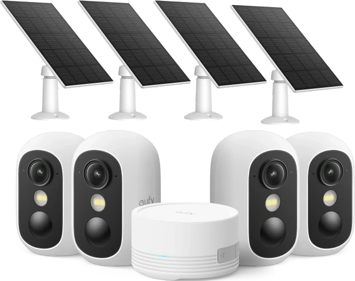 eufy eufyCam C35, weiß, 4er-Pack inkl. HomeBase Mini/4x Solarpanel, Set