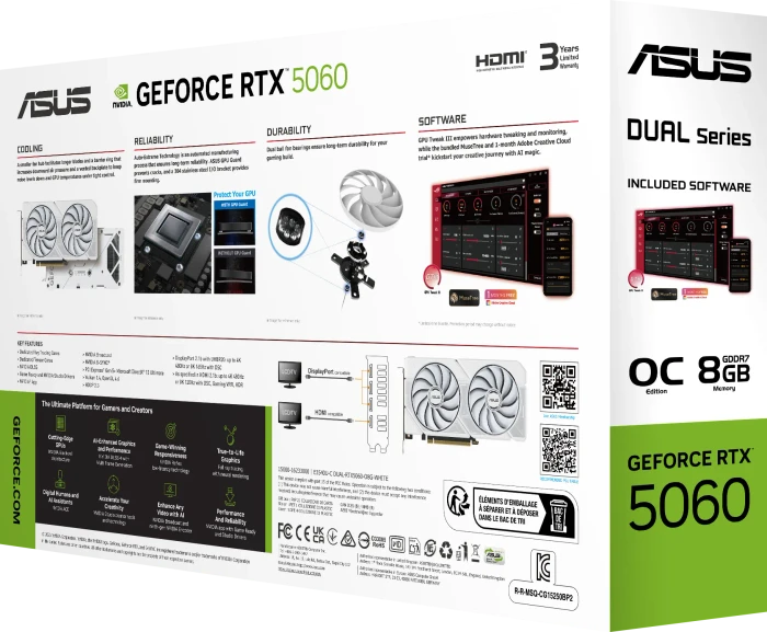 ASUS Dual GeForce RTX 5060 White OC Edition, DUAL-RTX5060-O8G-WHITE, 8GB GDDR7, HDMI, 3x DP