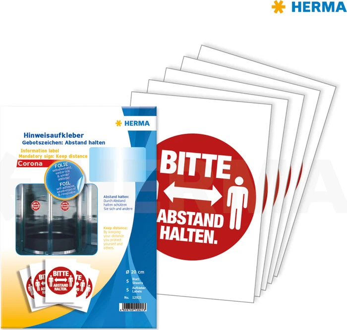 Herma Hinweisetiketten Abstand halten mit Text rund, 200mm, ablösbar, wetterfest, rot, matt, 5 Blatt (5 Etiketten)