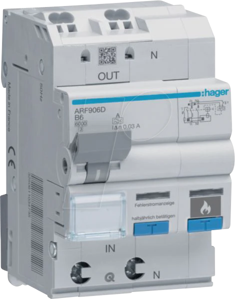 Hager Fehlerlichtbogen-Schutzeinrichtung AFDD mit FI-LS 1P+N 6kA B-6A 30mA Typ A 3M