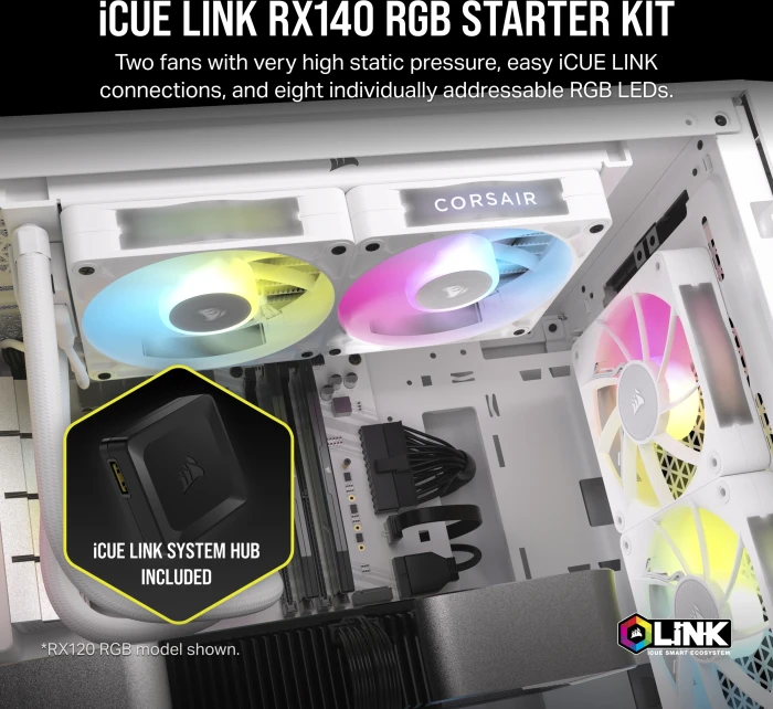 Corsair iCUE LINK RX140 RGB Starter Kit, weiß, LED-Steuerung, 140mm, 2er-Pack