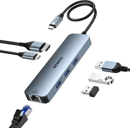 Benfei 6-in-1 USB-C Hub, 3x USB-A 3.0, USB-C 3.0 [Stecker]