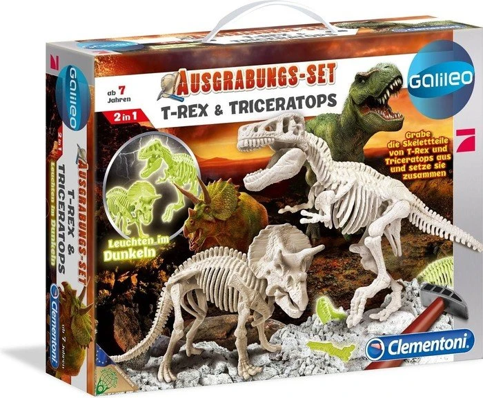 Clementoni Galileo Ausgrabungsset T-Rex & Triceratops fluoreszierend