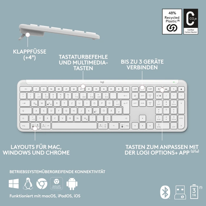 Logitech MK950 Signature Slim Combo Off-White, Logi Bolt, USB/Bluetooth, DE