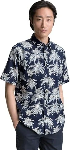 Tom Tailor Regular Fit Palmen-Print Hemd kurzarm navy blue/stripe palm design (Herren)