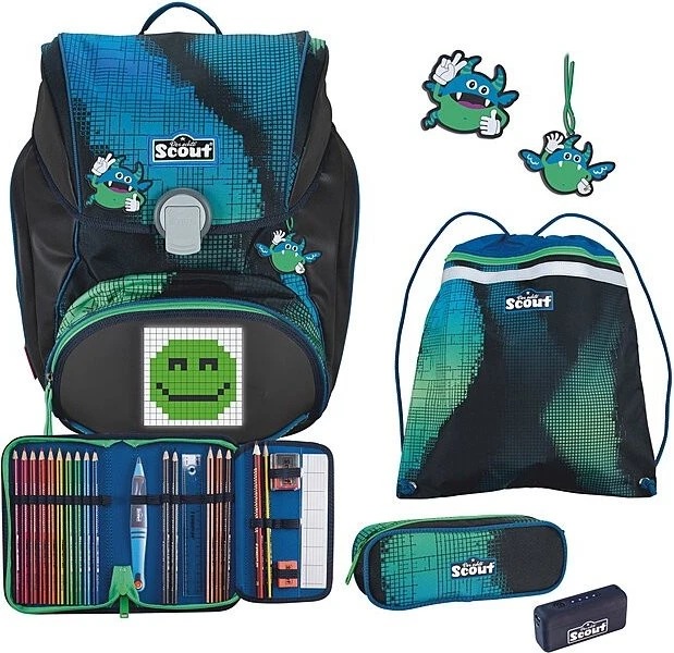 Scout Alpha Movie Star Blue Pixel mit PowerBank Schultaschen-Set, 4-tlg.