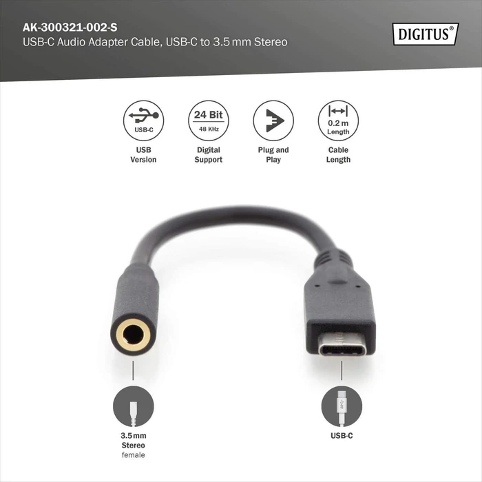 Digitus USB-C auf 3.5mm-Klinke Audio Adapter, 0.2m