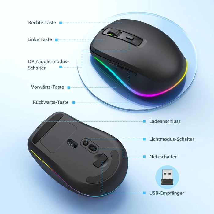 Seenda Rechargeable Wireless RGB Mouse mit Jiggler-Funktion, schwarz, USB