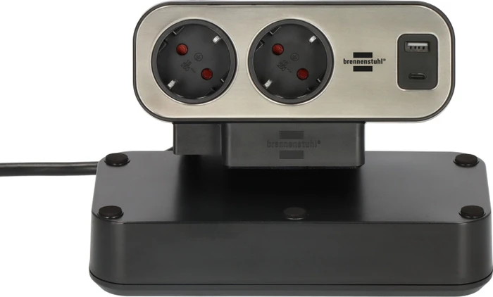 Brennenstuhl estilo Duplex Tischsteckdosenleiste mit Schalter und Überspannungsschutz, 9-fach, 1x USB-A/1x USB-C, 2m, silber/schwarz