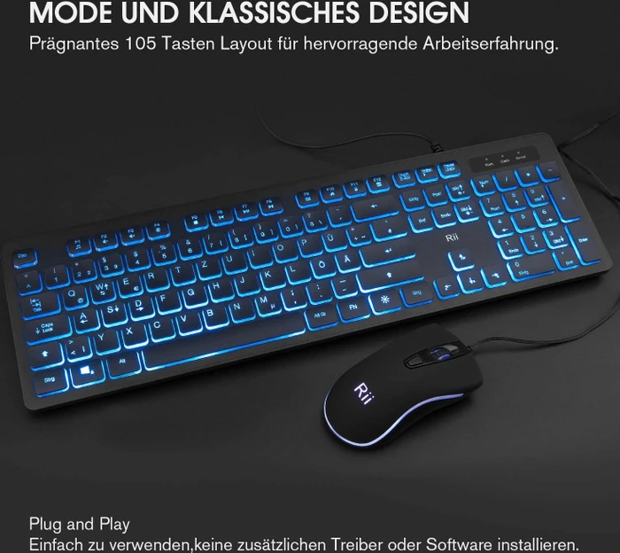 Riitek Rii RK105 Tastatur und Maus Set, USB, DE