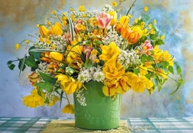 Castorland Spring Flowers in Green Vase
