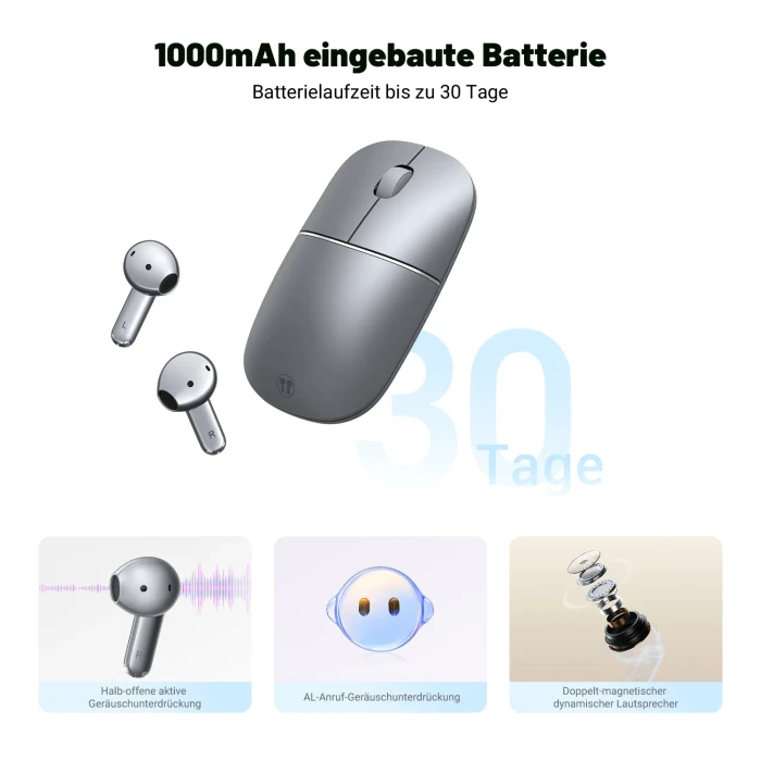 Honor Choice Yhemi MouseBuds Pro, Wireless Mouse & Earbuds 2-in-1, schwarz/grau, USB/Bluetooth