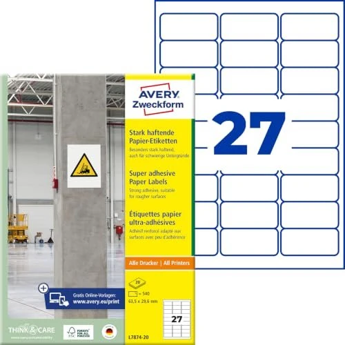Avery-Zweckform Etiketten, 63.5x29.6mm, weiß, 20 Blatt (540 Etiketten)