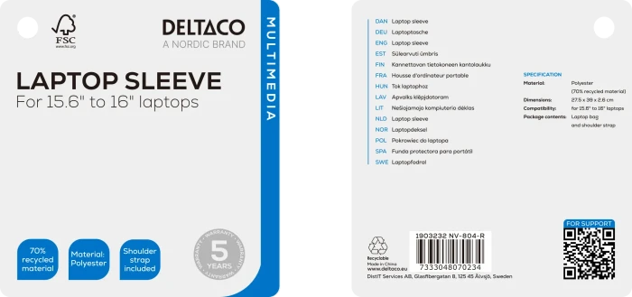 Deltaco Laptop Sleeve 15.6-16", schwarz