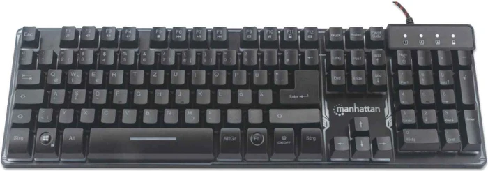 Manhattan Gaming-Tastatur mit Metallunterseite, LEDs RGB, schwarz, USB, DE