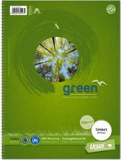 Ursus green Collegeblock, A4, Lineatur 21, grün, 80 Blatt