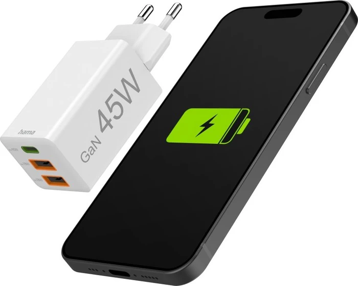 Hama GaN Schnellladegerät, USB-C/USB-A, 1x USB-C + 2x USB-A, 45W, weiß