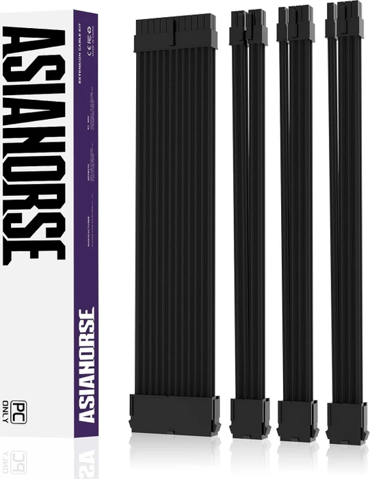 AsiaHorse GPU/CPU Cable Extension Kit, 1x 24-Pin, 1x 4/8-Pin ATX, 2x 8-Pin PCIe, 16AWG, schwarz, 30cm