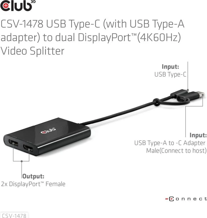 Club 3D USB-C 2x Displayport Videosplitter, USB-C 3.0 [Stecker]
