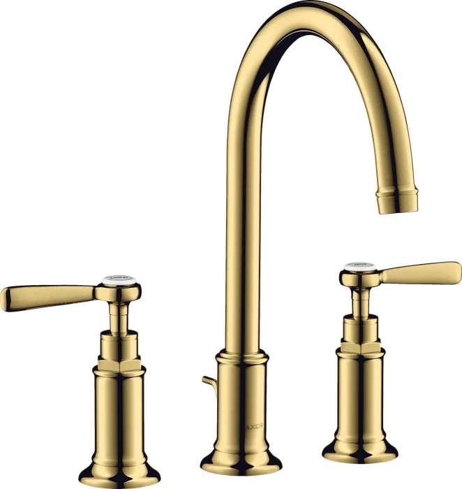 Hansgrohe Axor Montreux 3-Loch Waschtischarmatur 180 mit Hebelgriffen und Zugstangen-Ablaufgarnitur polished goldoptik