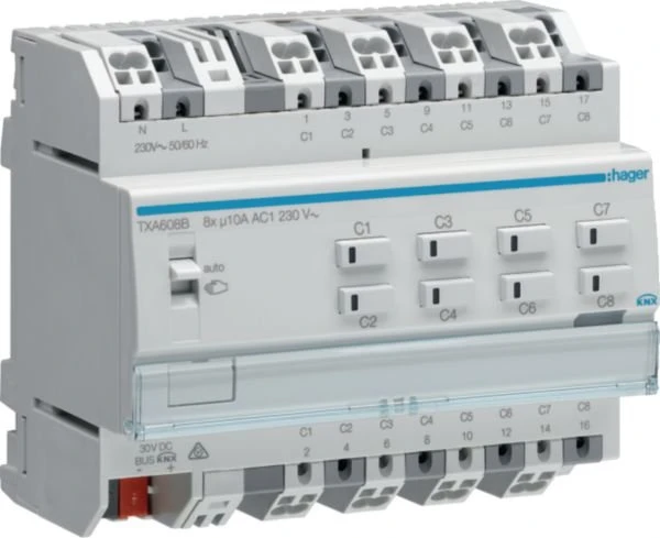 Hager KNX Schalt-/Jalousieaktor 8/4-fach, 10A, 6TE REG, Schaltaktor