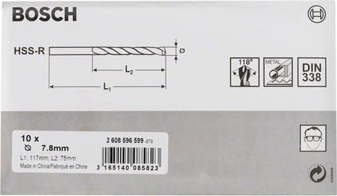 Bosch Professional HSS-R Spiralbohrer, 7.8x75x117mm, 10 Stück