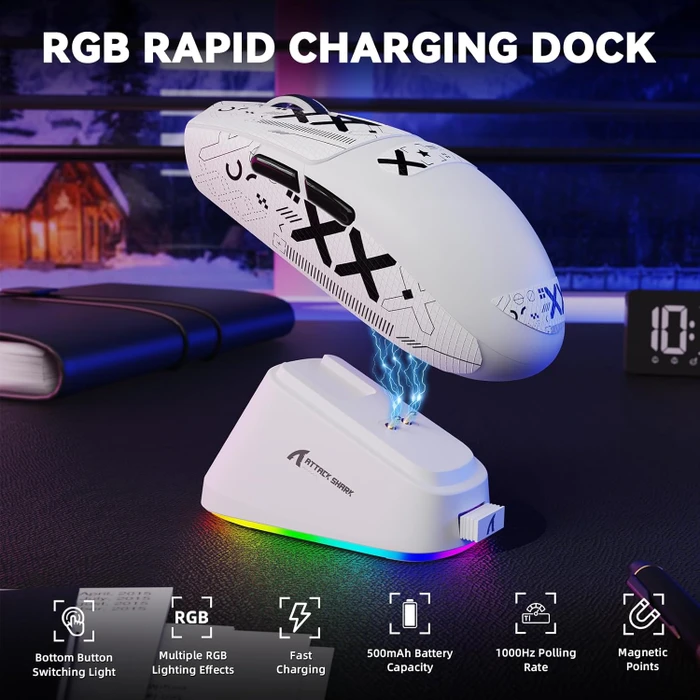 Attack Shark G3Pro Tri-mode Wireless Gaming Mouse mit Ladestation, White, inkl. Grip Tape, USB/Bluetooth