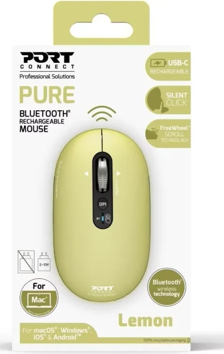 Port Designs Pure Mac Bluetooth Rechargeable Mouse, Lemon, Bluetooth