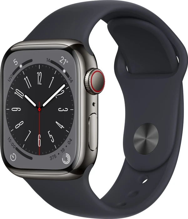 Apple Watch Series 8 (GPS + Cellular) 41mm Edelstahl graphit mit Sportarmband Mitternacht