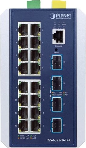 Planet IGS-6325 Industrial Railmount Gigabit Managed Switch, 16x RJ-45, 4x SFP+