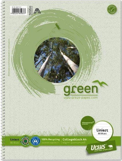 Ursus green Recycling Collegeblock, A4, Lineatur 21, pastellgrün, 80 Blatt