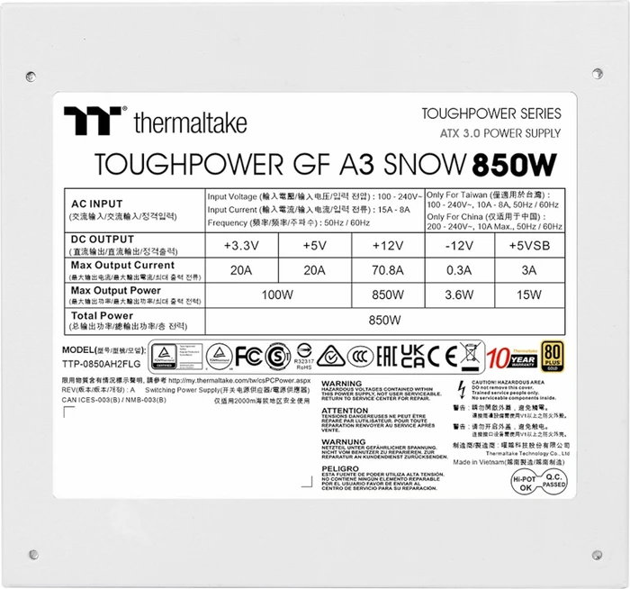 Thermaltake ToughPower GF A3 Snow 850W, ATX 3.0
