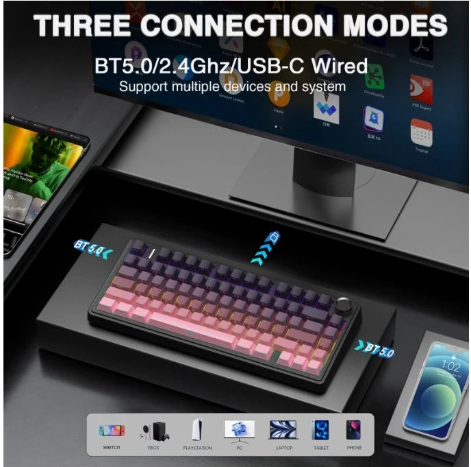 Aula F75 Pro, Gradient Pink Black, LEDs RGB, hot-swap, LEOBOG Reaper, USB/Bluetooth, US