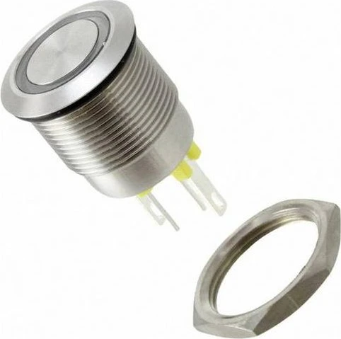 Bulgin Drucktaster silber 22mm, gelb beleuchtet ring, 2.8mm Lötfahnen, vandalismusgeschützt (MPI002/28/AM)