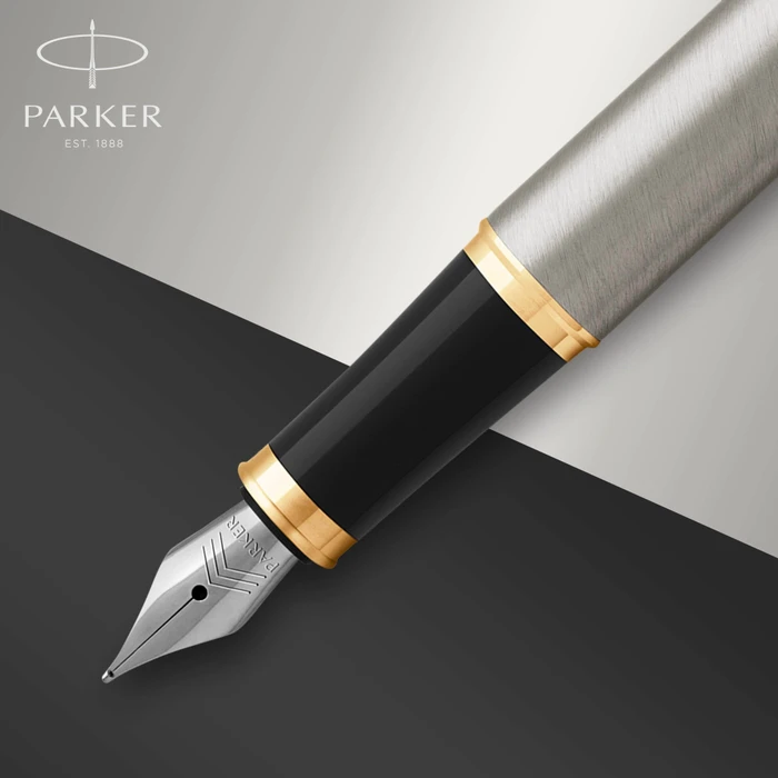 Parker IM brushed metal/gold trim, rechte Hand, fein, Geschenkbox
