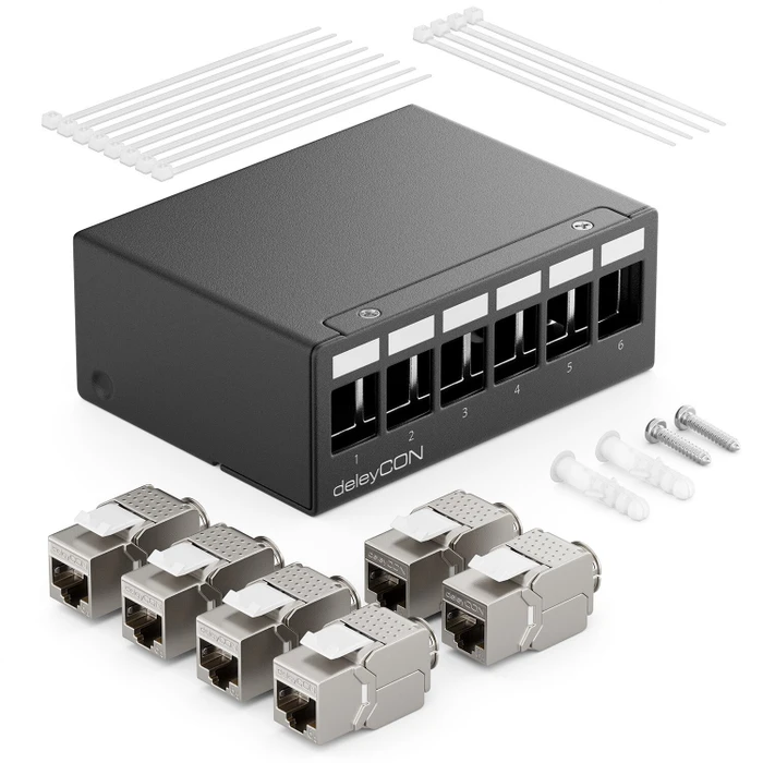 deleyCON Patchpanel Gehäuse für Keystone Module, 1HE, inkl. RJ-45 Cat6a Module, 6-Port, 1HE