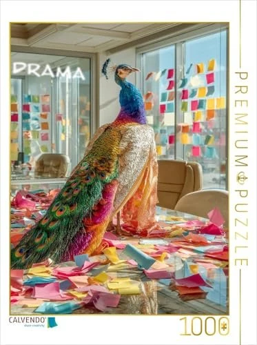 Calvendo Tierpuzzle mit Pfau in einem Büro - die Dramaqueen unter den Federtieren sorgt für buntes Chaos