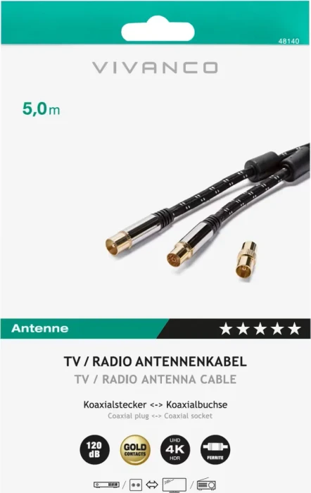 Vivanco Antennen-Kabel mit Nylonummantelung, Koax-Stecker - Koax-Kupplung, 120dB, 5m, schwarz