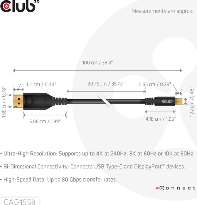 Club 3D USB Typ-C auf DisplayPort DP80 4K240Hz, 1m